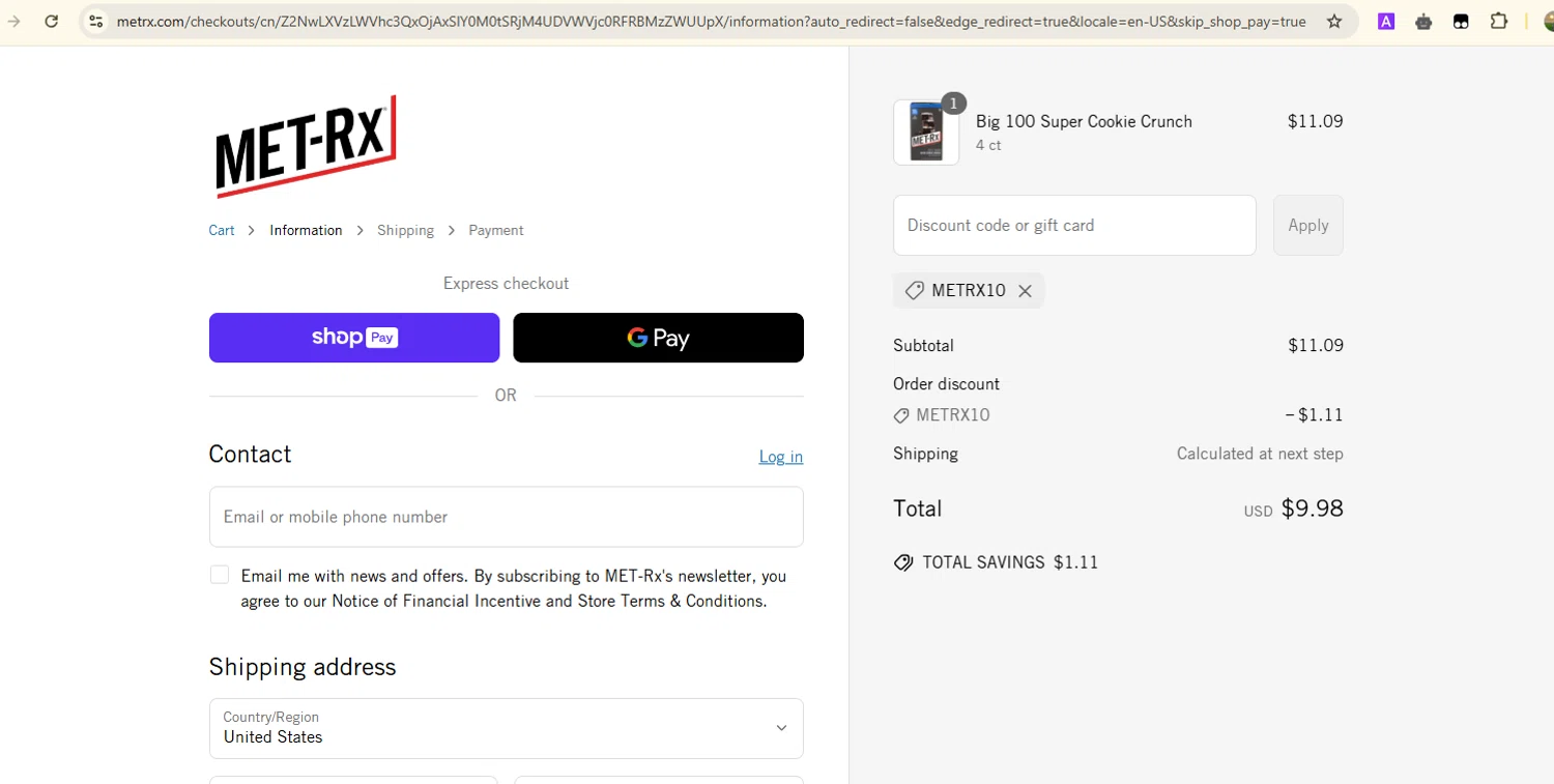 MET-Rx discount code screenshot showing code METRX10 applied at MET-Rx checkout page. Uploaded by SimplyCodes community member Samugl21 on May 13, 2025