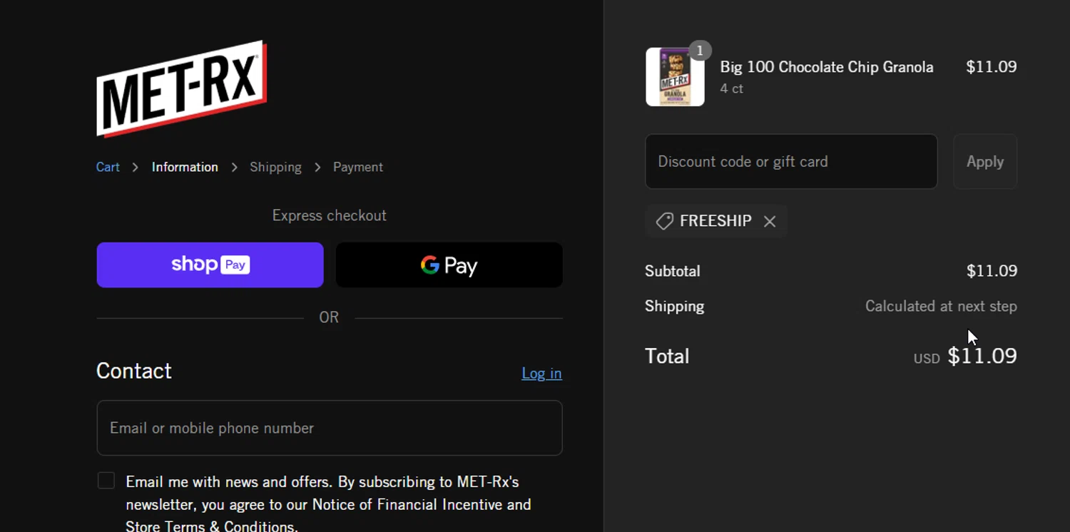 MET-Rx discount code screenshot showing code FREESHIP applied at MET-Rx checkout page. Uploaded by SimplyCodes community member 111111 on Aug 7, 2025