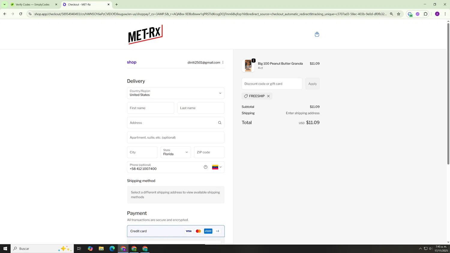 MET-Rx discount code screenshot showing code FREESHIP applied at MET-Rx checkout page. Uploaded by SimplyCodes community member Hasta_El_Final on Nov 17, 2025