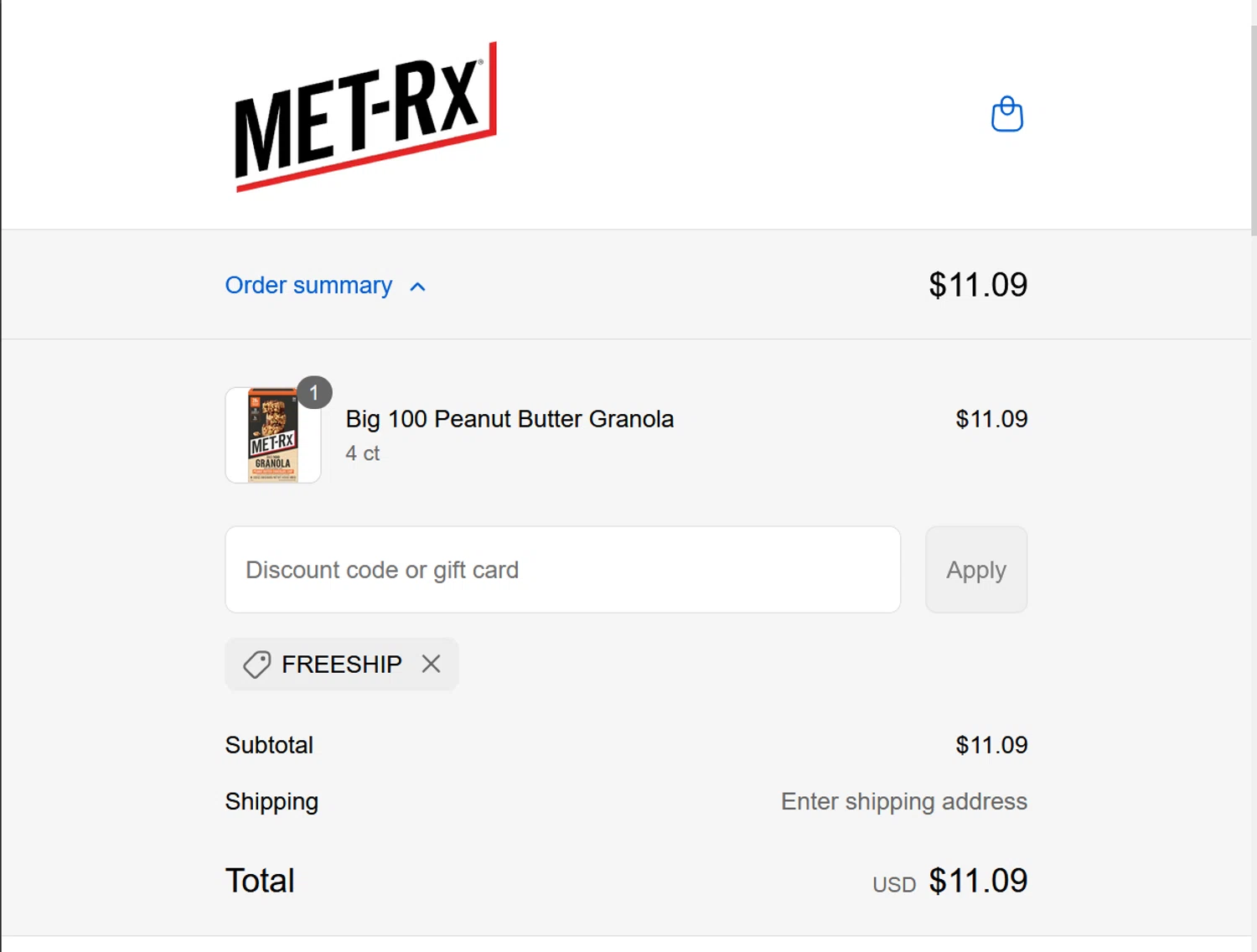 MET-Rx discount code screenshot showing code FREESHIP applied at MET-Rx checkout page. Uploaded by SimplyCodes community member ValiantLion5897 on Sep 3, 2025