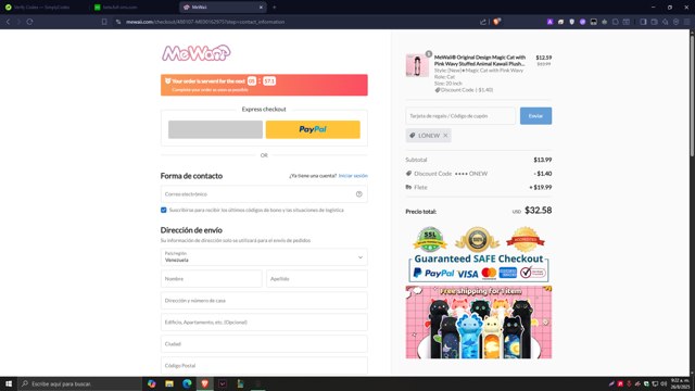 Mewaii checkout page showing Mewaii discount code box | Screenshot taken by SimplyCodes community member on Aug 26, 2025