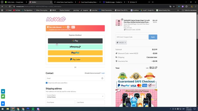 Mewaii checkout page showing Mewaii discount code box | Screenshot taken by SimplyCodes community member on Aug 27, 2025