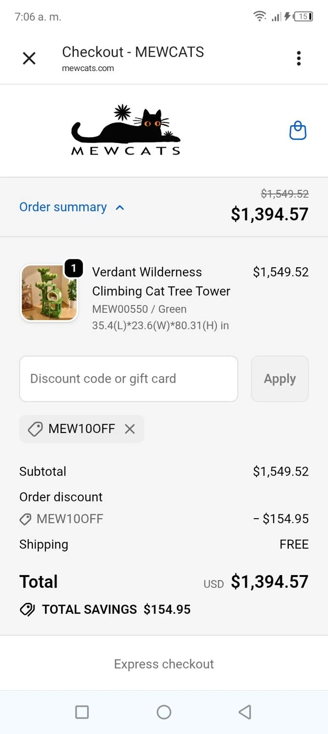 MEWCATS promo code screenshot showing code MEW10OFF applied at MEWCATS checkout page. Uploaded by SimplyCodes community member BonusVoyager4214 on Feb 14, 2026