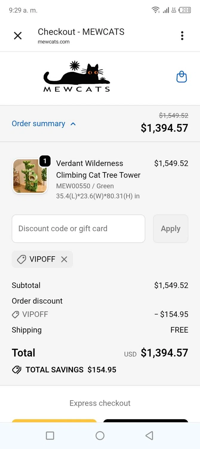 MEWCATS promo code screenshot showing code VIPOFF applied at MEWCATS checkout page. Uploaded by SimplyCodes community member BonusVoyager4214 on Feb 26, 2026