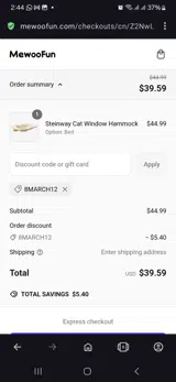MEWOOFUN15 coupon verification screenshot