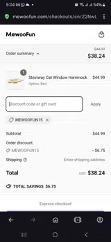 MEWOOFUN15 coupon verification screenshot