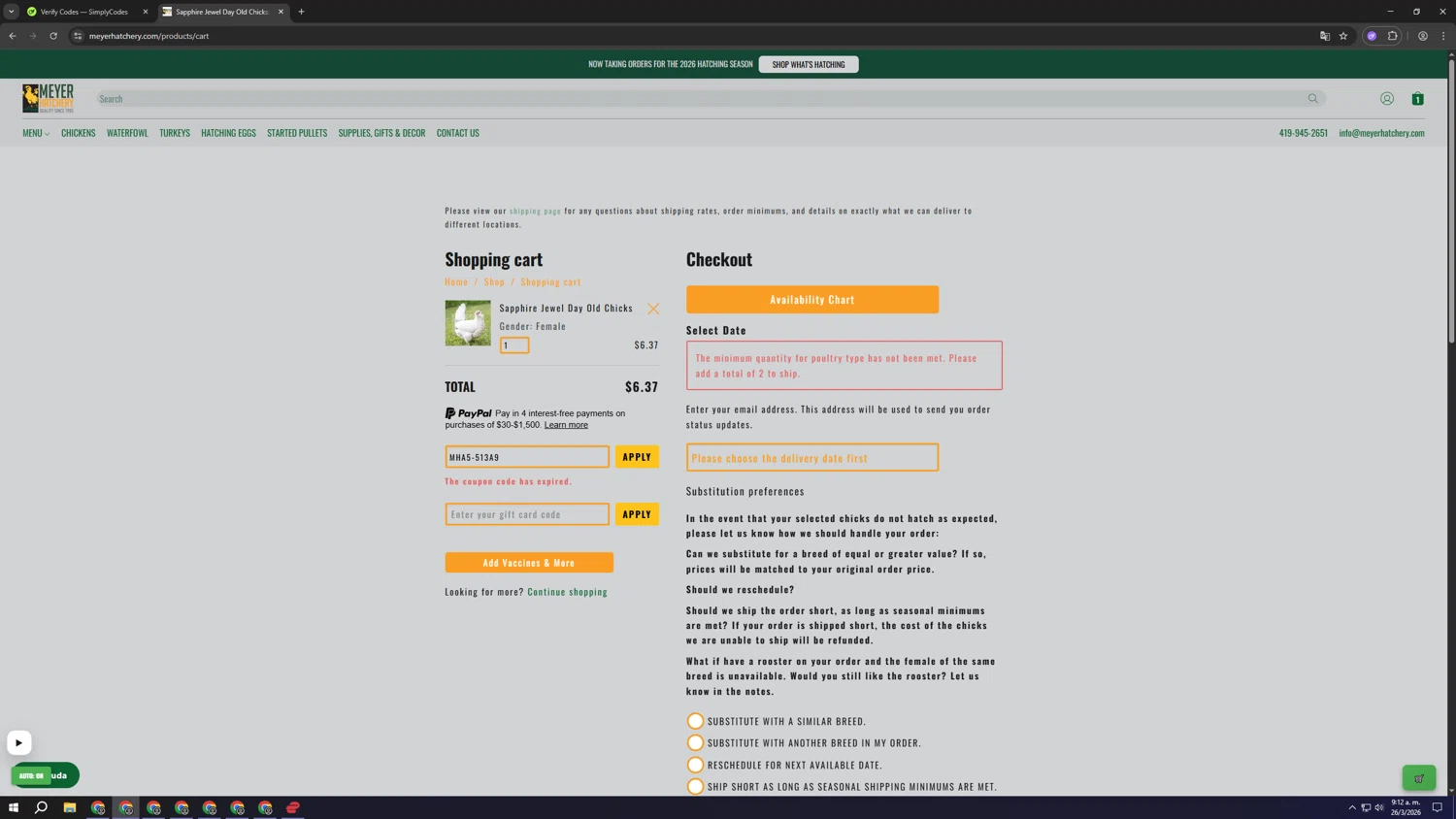 Meyer Hatchery promo code screenshot showing code MHA5-513A9 applied at Meyer Hatchery checkout page. Uploaded by SimplyCodes community member ghjfghty56456 on Mar 26, 2026