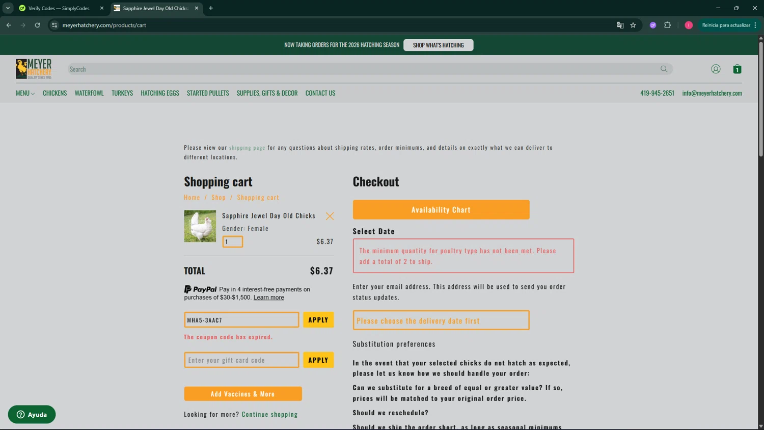 Meyer Hatchery promo code screenshot showing code MHA5-3AAC7 applied at Meyer Hatchery checkout page. Uploaded by SimplyCodes community member BargainSeeker9964 on Mar 26, 2026