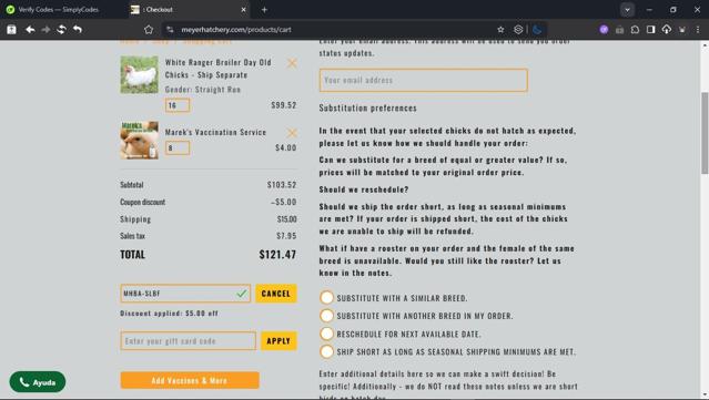 Meyer Hatchery checkout page showing Meyer Hatchery coupon code box | Screenshot taken by SimplyCodes community member on Aug 6, 2025
