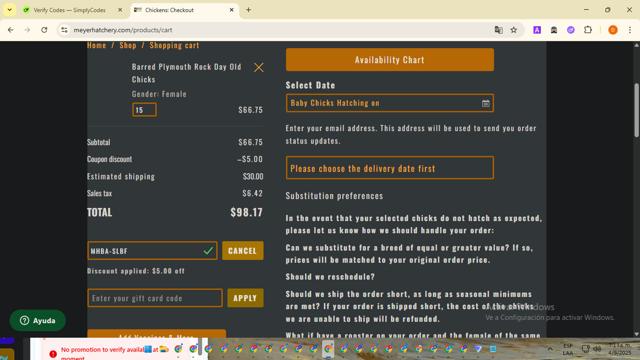Meyer Hatchery checkout page showing Meyer Hatchery coupon code box | Screenshot taken by SimplyCodes community member on Sep 4, 2025