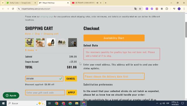 Meyer Hatchery checkout page showing Meyer Hatchery coupon code box | Screenshot taken by SimplyCodes community member on Sep 14, 2025