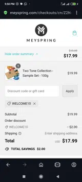 Welcome10 coupon verification screenshot