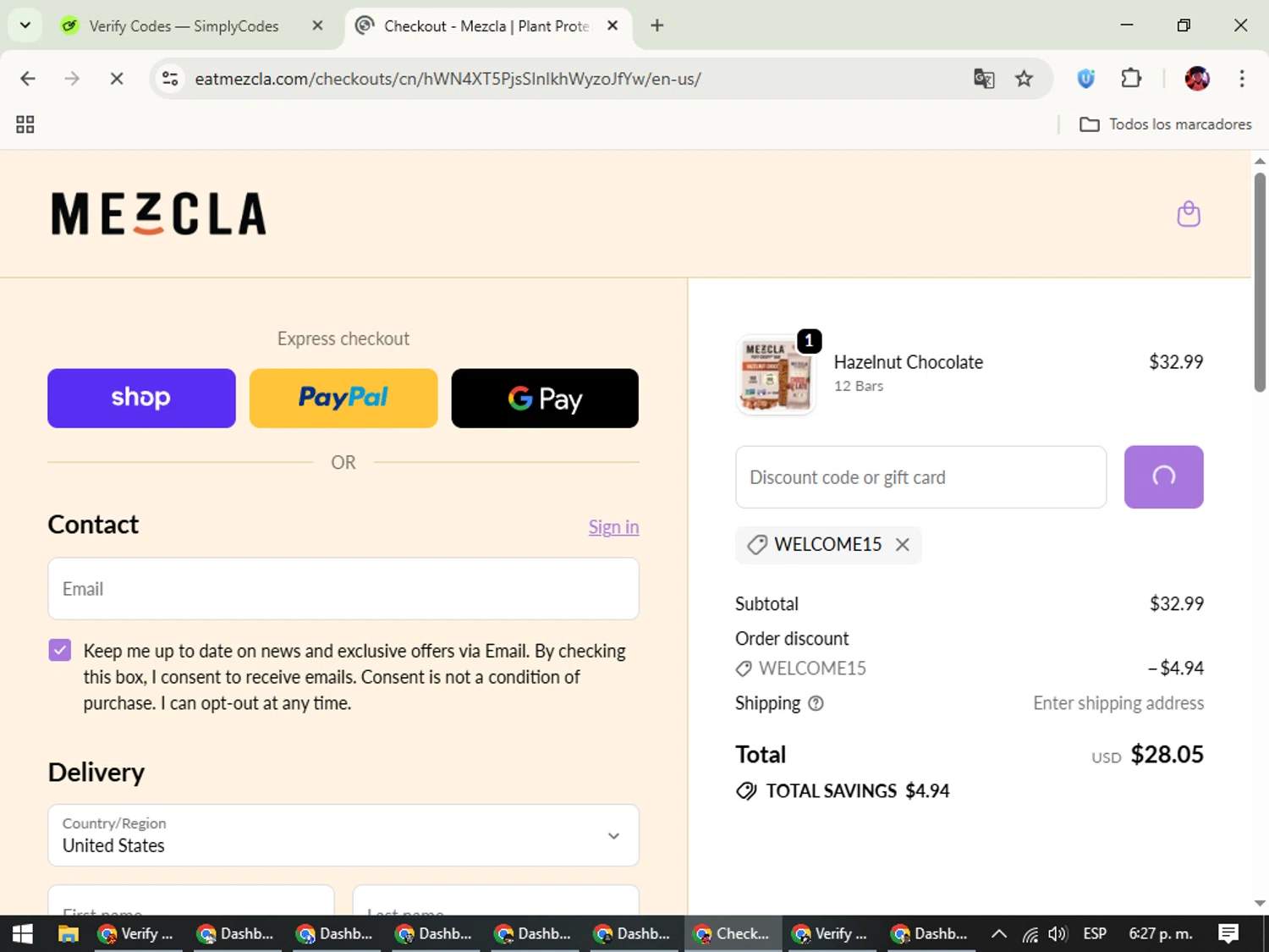 Mezcla promo code screenshot showing code WELCOME15 applied at Mezcla checkout page. Uploaded by SimplyCodes community member SavingsEagle5772 on Oct 25, 2025