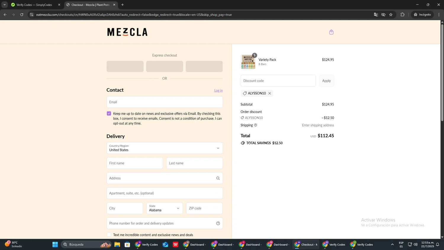 Mezcla promo code screenshot showing code Alysson10 applied at Mezcla checkout page. Uploaded by SimplyCodes community member CRF250CC on Jul 22, 2025