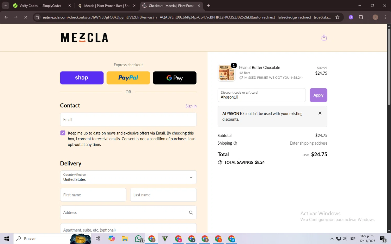Mezcla promo code screenshot showing code Alysson10 applied at Mezcla checkout page. Uploaded by SimplyCodes community member CrownChaser949 on Nov 12, 2025
