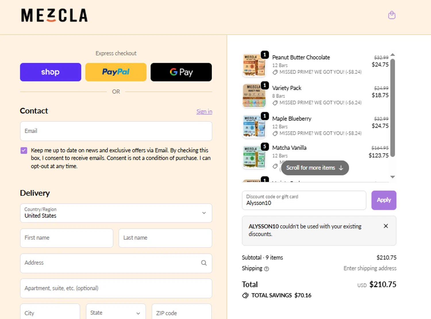 Mezcla promo code screenshot showing code Alysson10 applied at Mezcla checkout page. Uploaded by SimplyCodes community member Sweety2020 on Nov 12, 2025