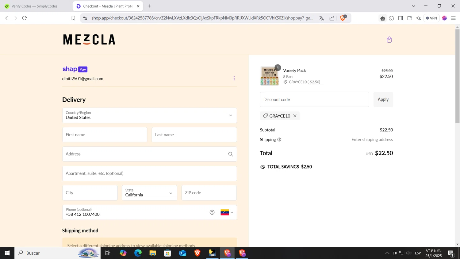 Mezcla promo code screenshot showing code Grayce10 applied at Mezcla checkout page. Uploaded by SimplyCodes community member AnthonyGTX on Jan 25, 2025