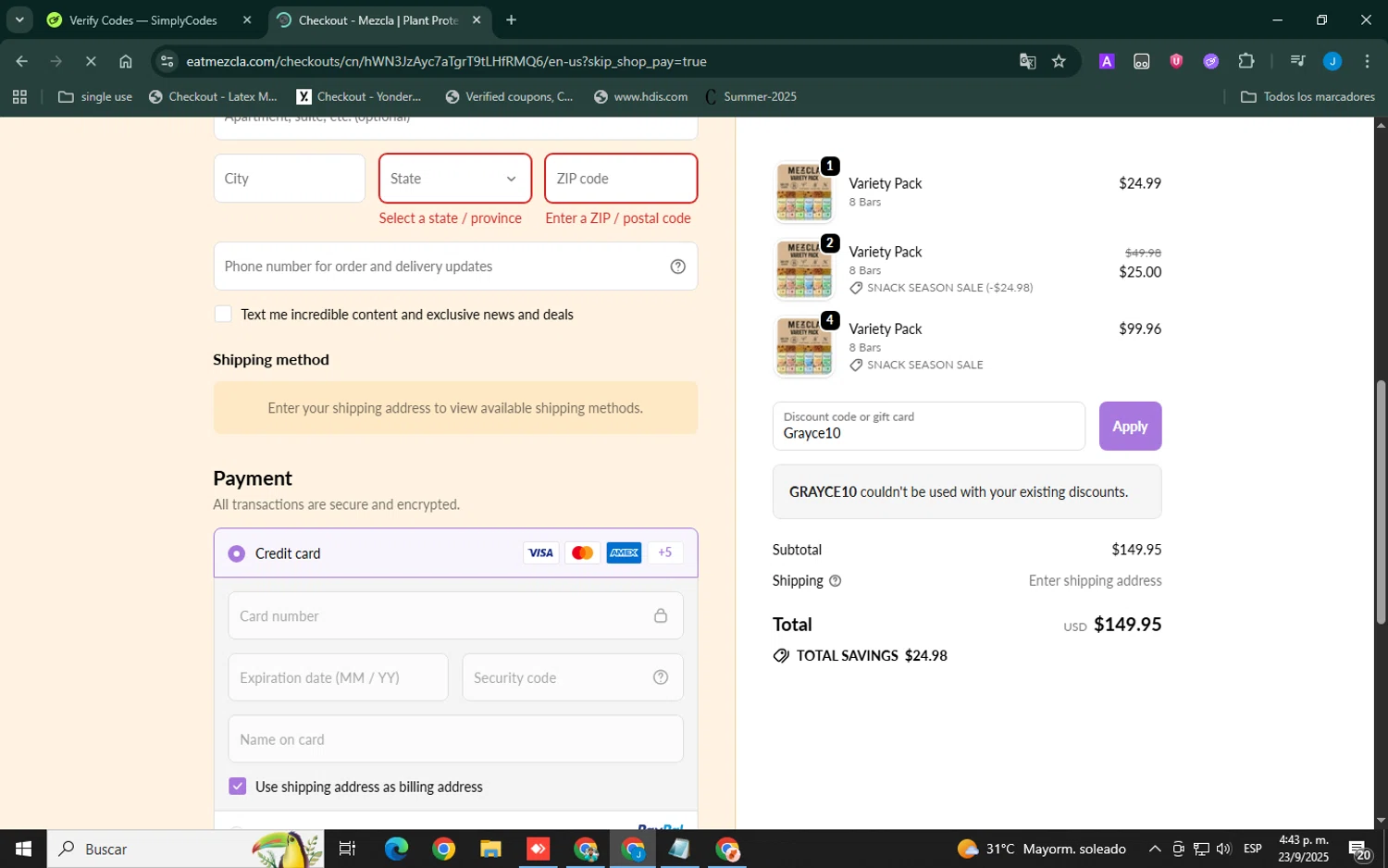 Mezcla promo code screenshot showing code Grayce10 applied at Mezcla checkout page. Uploaded by SimplyCodes community member Xemocodes on Sep 23, 2025