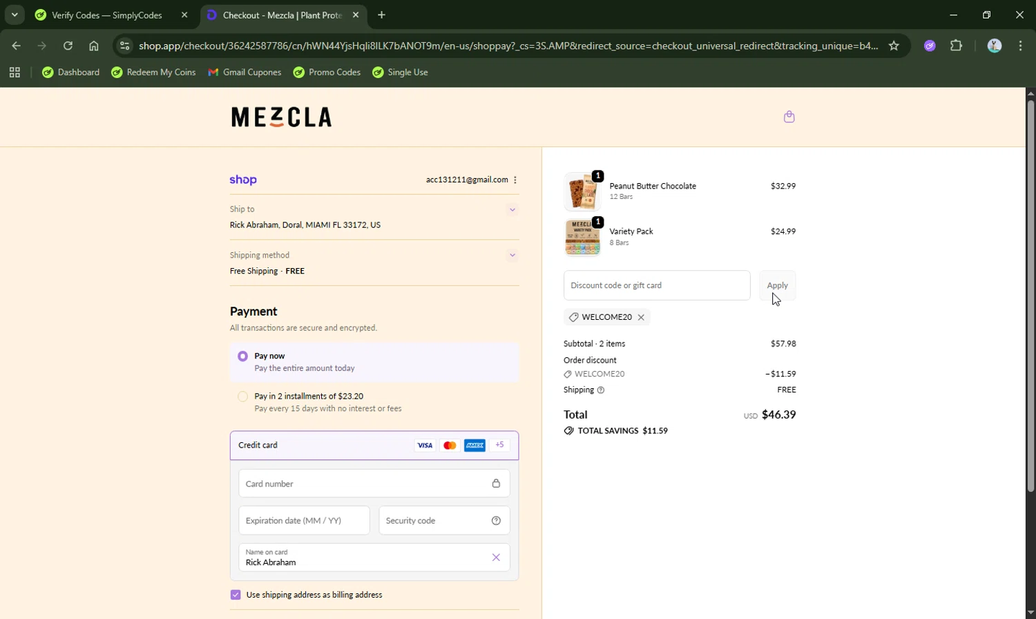 Mezcla promo code screenshot showing code WELCOME20 applied at Mezcla checkout page. Uploaded by SimplyCodes community member LHaunter2 on Oct 13, 2025