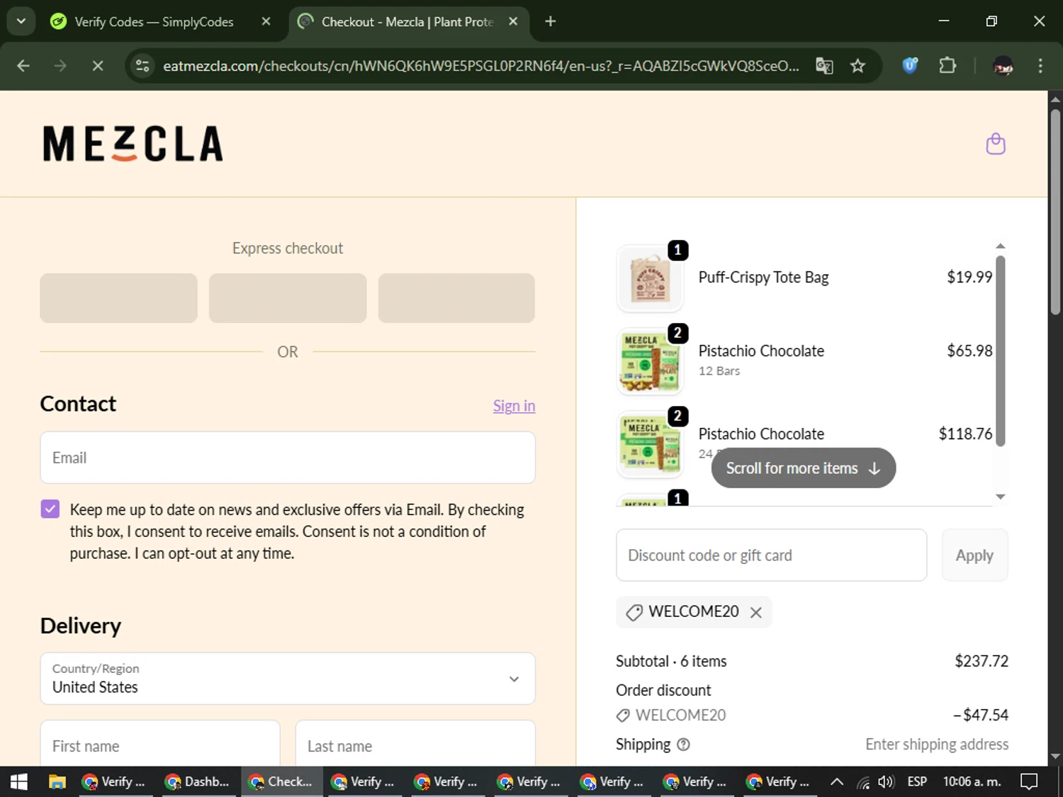 Mezcla promo code screenshot showing code WELCOME20 applied at Mezcla checkout page. Uploaded by SimplyCodes community member WonderCurator791 on Dec 14, 2025