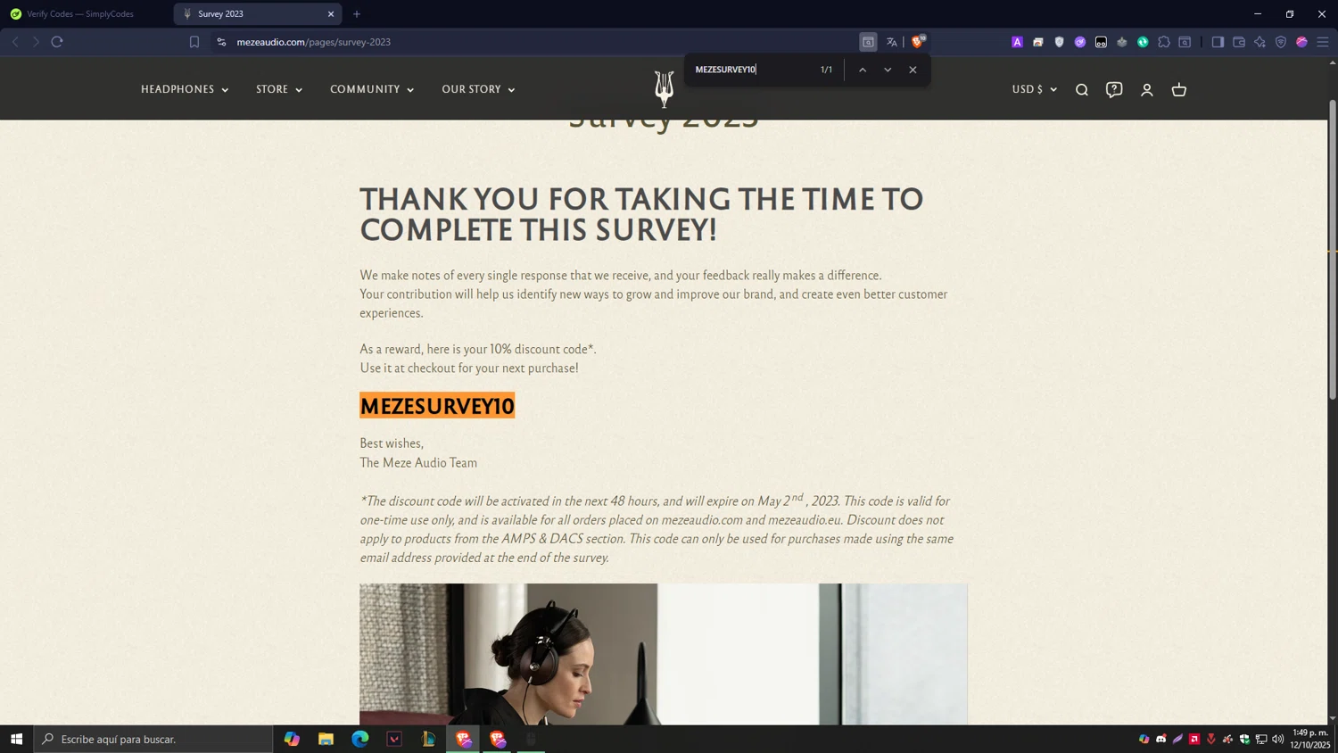 Meze Audio checkout page showing Meze Audio discount code box | Screenshot taken by SimplyCodes community member on Oct 12, 2025