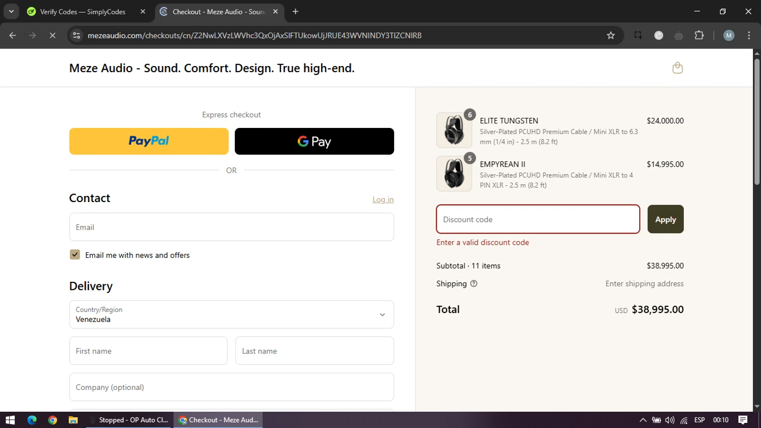 Meze Audio discount code screenshot showing code FREESHIPPINGISAAC applied at Meze Audio checkout page. Uploaded by SimplyCodes community member maraxo on Apr 5, 2025