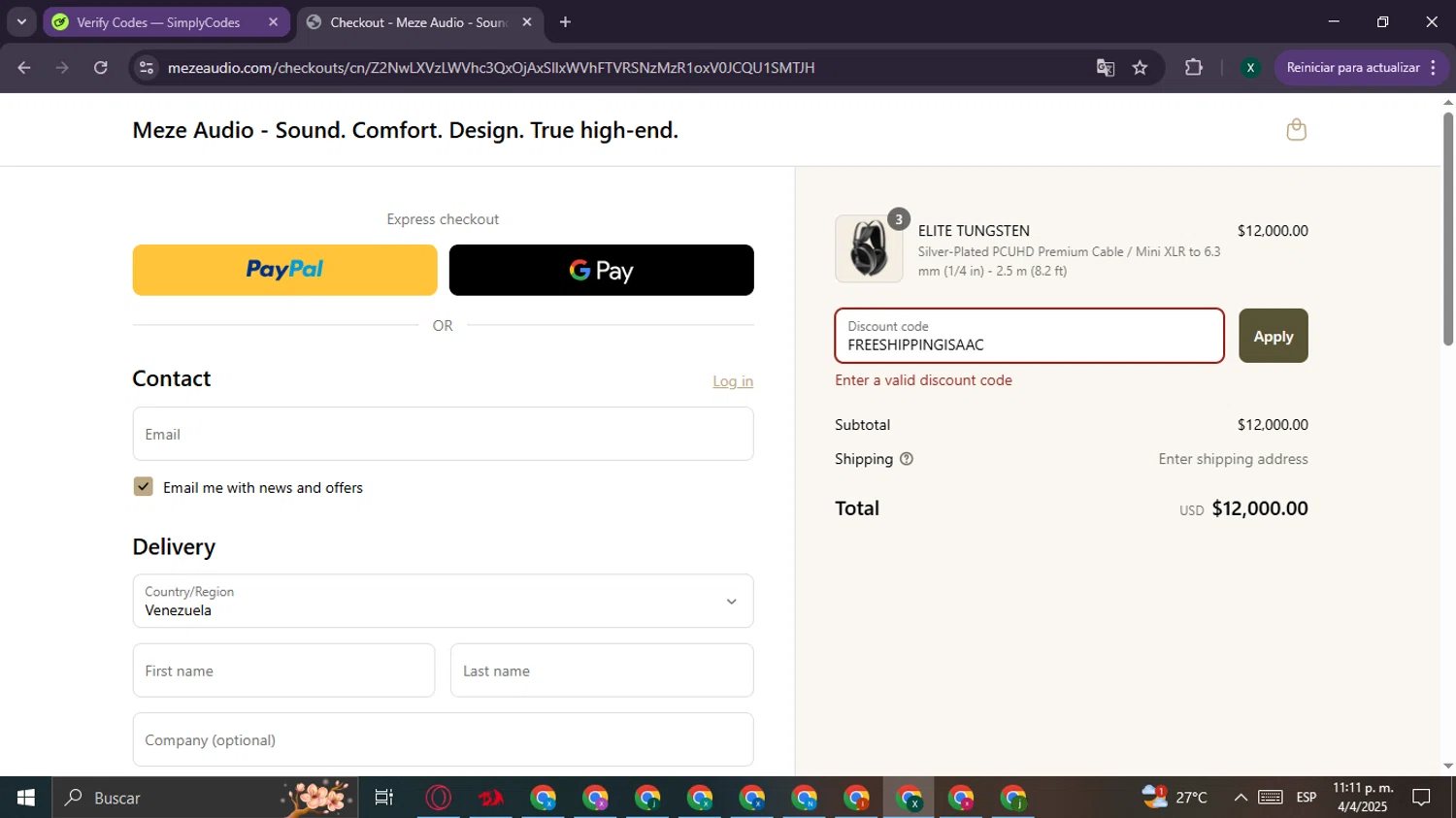 Meze Audio discount code screenshot showing code FREESHIPPINGISAAC applied at Meze Audio checkout page. Uploaded by SimplyCodes community member CouponBoss6932 on Apr 5, 2025