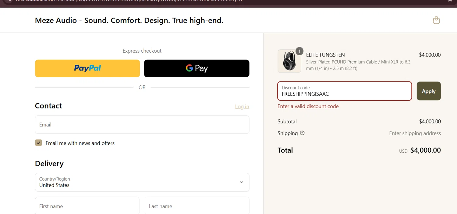 Meze Audio discount code screenshot showing code FREESHIPPINGISAAC applied at Meze Audio checkout page. Uploaded by SimplyCodes community member lukeCallahannn on Apr 5, 2025