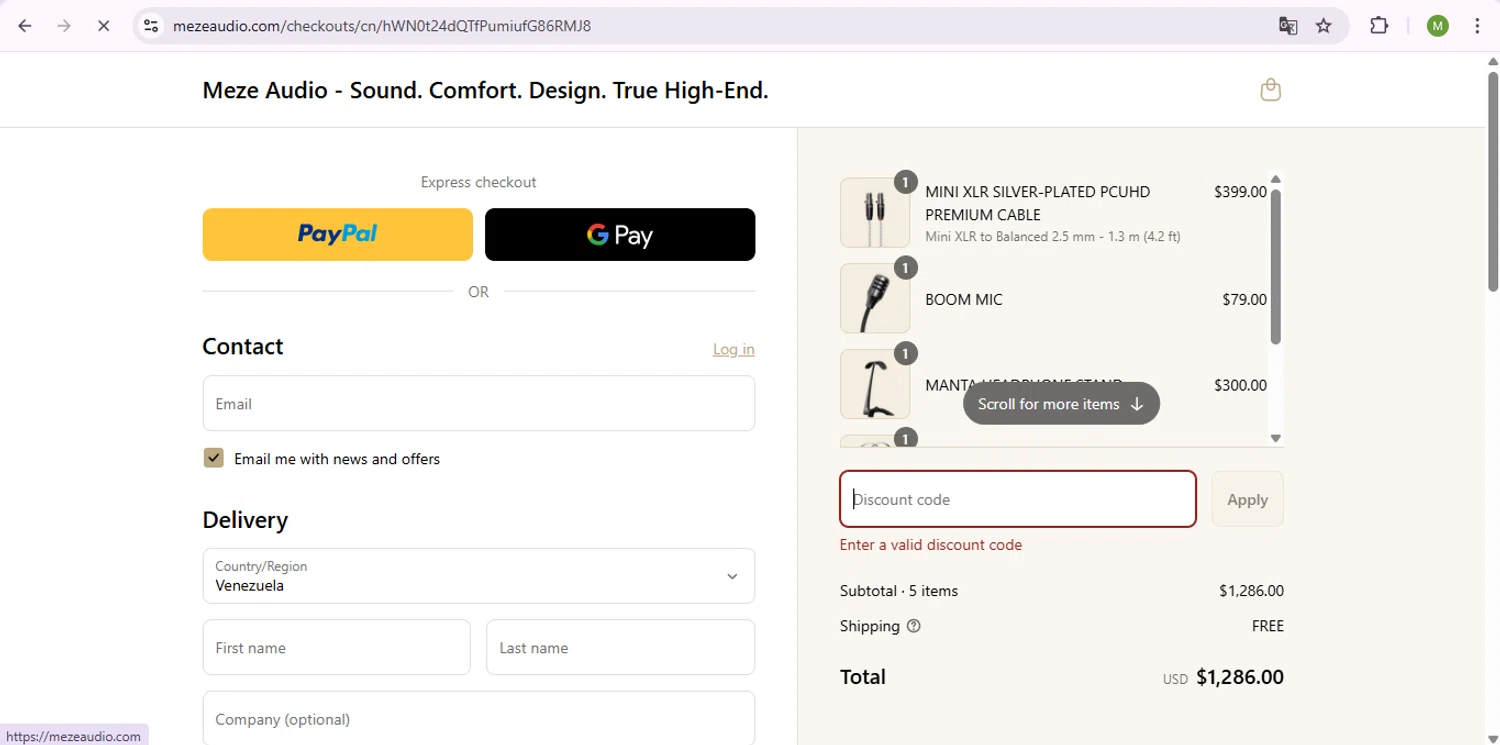 Meze Audio discount code screenshot showing code AMY20 applied at Meze Audio checkout page. Uploaded by SimplyCodes community member SaleSentinel7319 on Jul 21, 2025