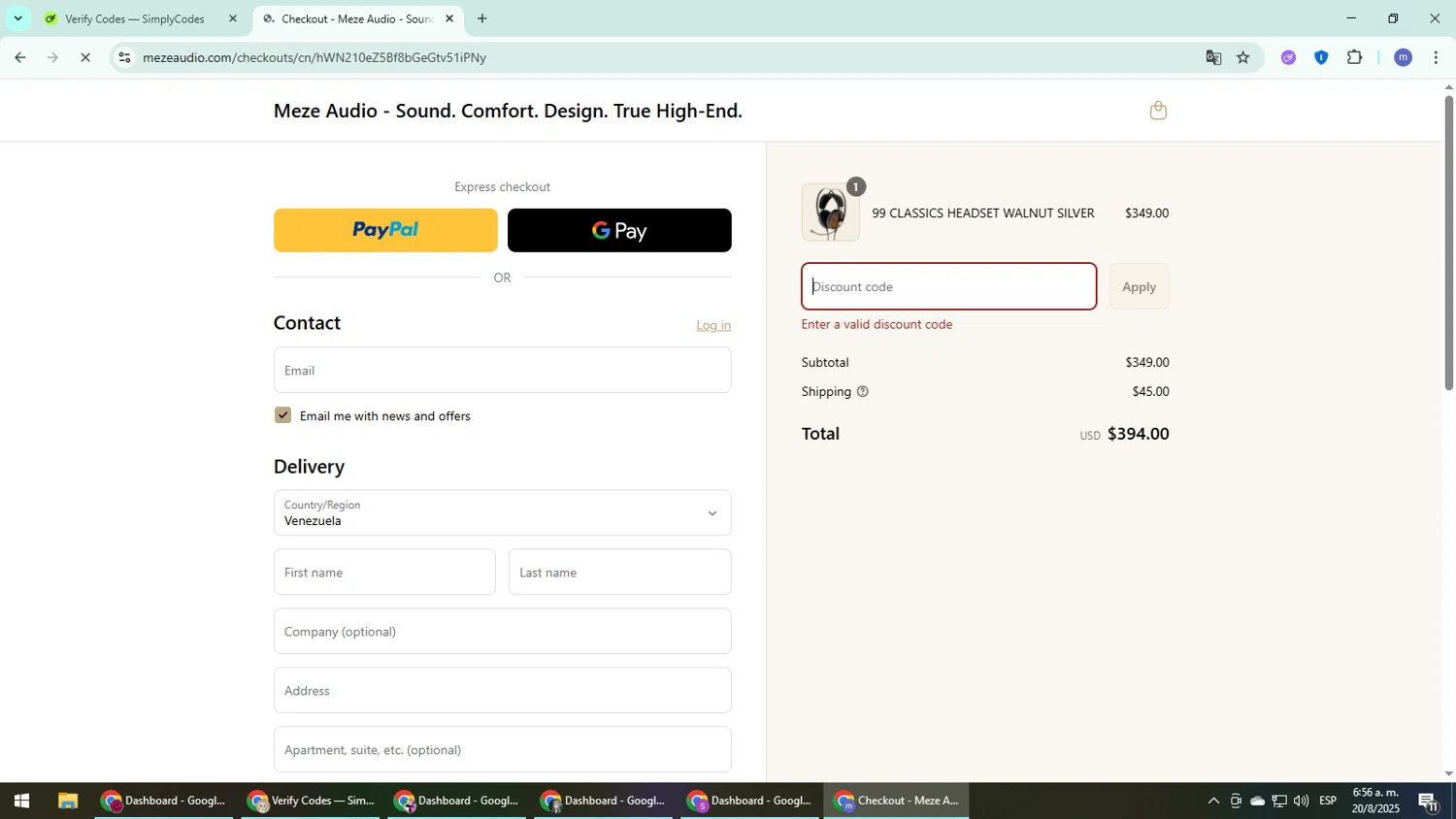 Meze Audio discount code screenshot showing code CEWPINS applied at Meze Audio checkout page. Uploaded by SimplyCodes community member QuestDefender2661 on Aug 20, 2025