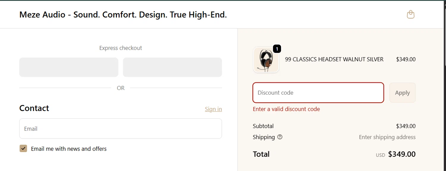 Meze Audio discount code screenshot showing code FIR20 applied at Meze Audio checkout page. Uploaded by SimplyCodes community member MARCVH on Nov 2, 2025