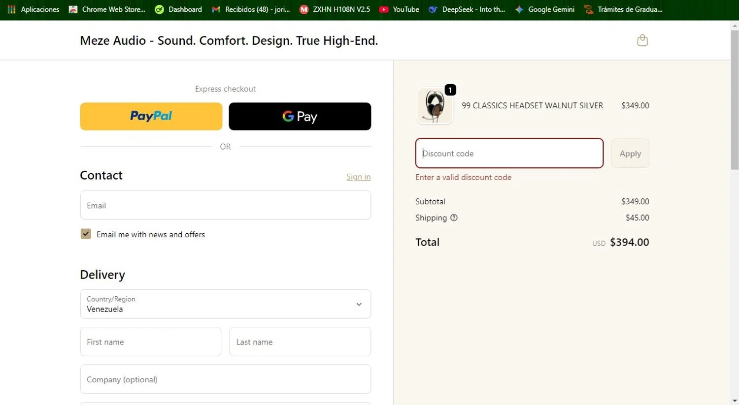 Meze Audio discount code screenshot showing code FIR20 applied at Meze Audio checkout page. Uploaded by SimplyCodes community member Patobel on Nov 2, 2025