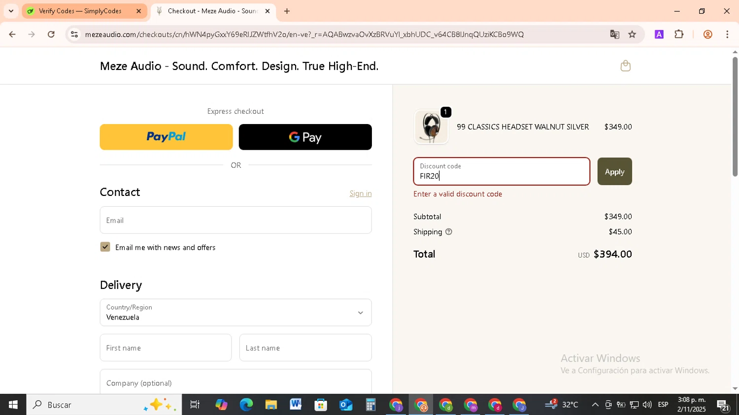 Meze Audio discount code screenshot showing code FIR20 applied at Meze Audio checkout page. Uploaded by SimplyCodes community member RebateCollector5909 on Nov 2, 2025