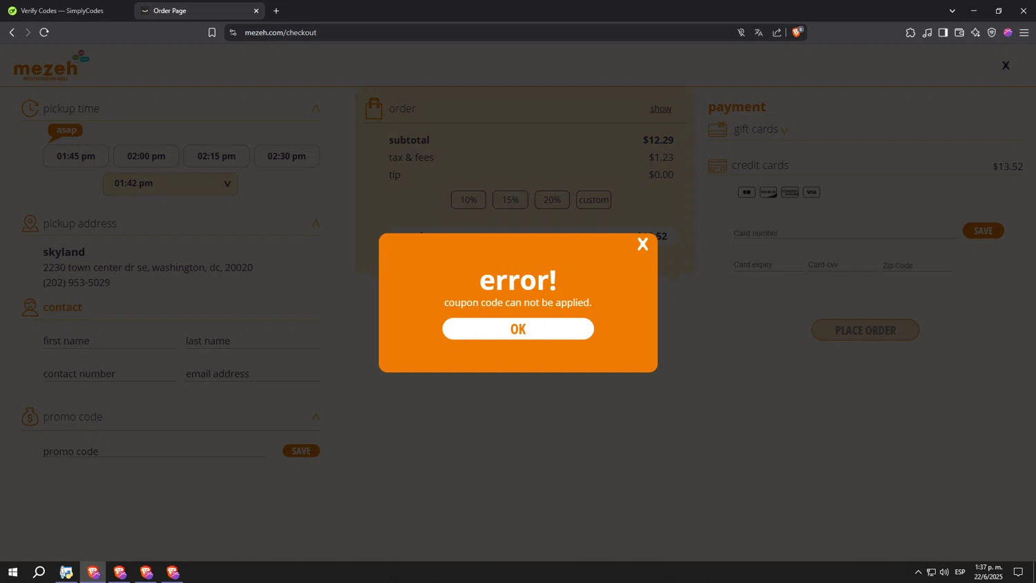 Mezeh coupon code screenshot showing code TAKE10 applied at Mezeh checkout page. Uploaded by SimplyCodes community member kkkkkkkkkkkkkkkkkkkk on Jun 22, 2025