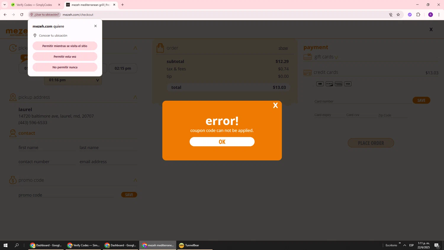 Mezeh coupon code screenshot showing code TAKE10 applied at Mezeh checkout page. Uploaded by SimplyCodes community member ukemochi on Jun 22, 2025