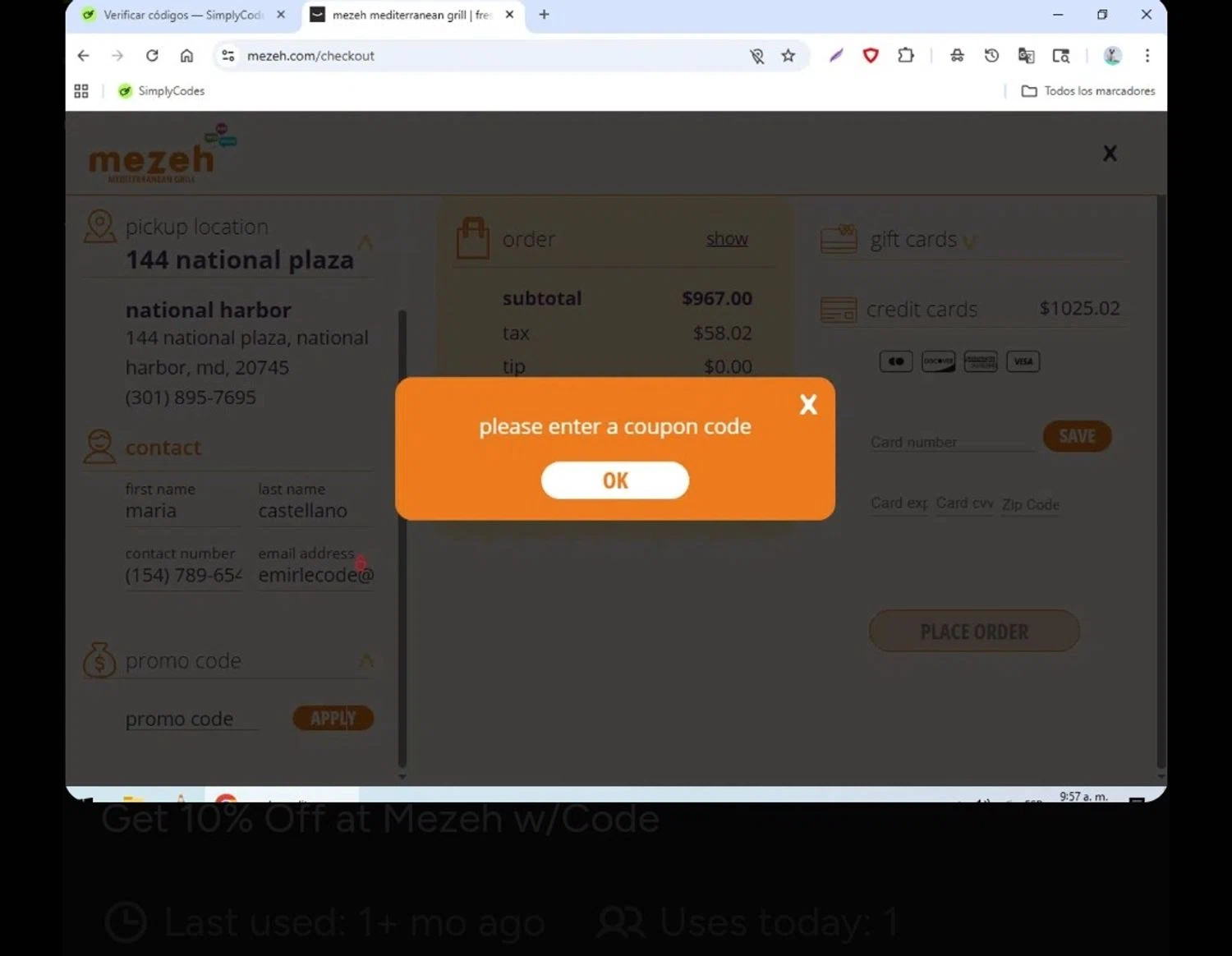 Mezeh coupon code screenshot showing code FESTIVE55 applied at Mezeh checkout page. Uploaded by SimplyCodes community member BargainPioneer8286 on Dec 21, 2025