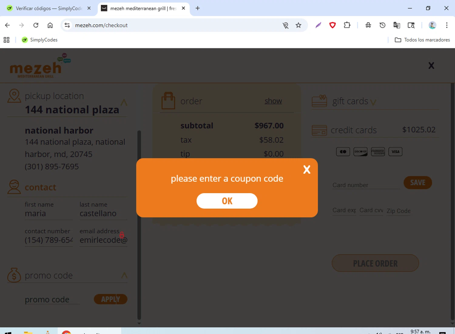 Mezeh coupon code screenshot showing code FESTIVE55 applied at Mezeh checkout page. Uploaded by SimplyCodes community member Emi_Sibada on Dec 21, 2025