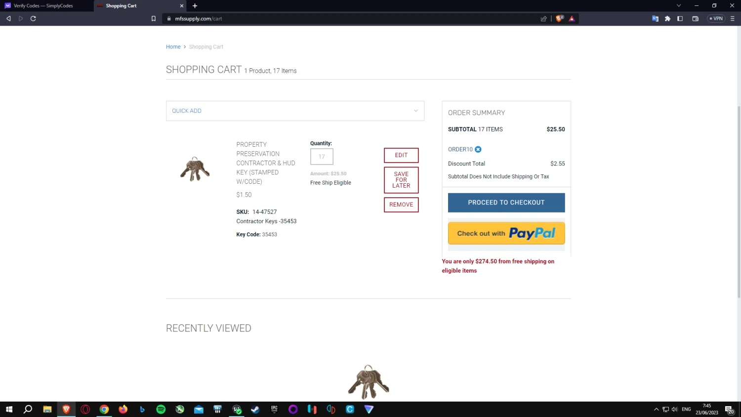 MFS Supply checkout page showing MFS Supply promo code box | Screenshot taken by SimplyCodes community member on Jun 23, 2023