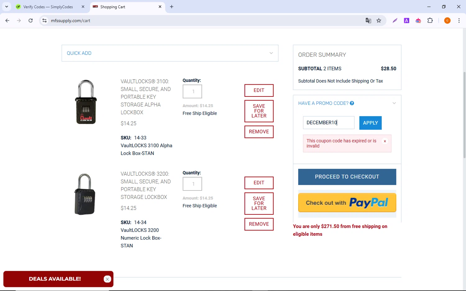 MFS Supply promo code screenshot showing code DECEMBER10 applied at MFS Supply checkout page. Uploaded by SimplyCodes community member ShrewdCaptain9911 on Jan 8, 2025