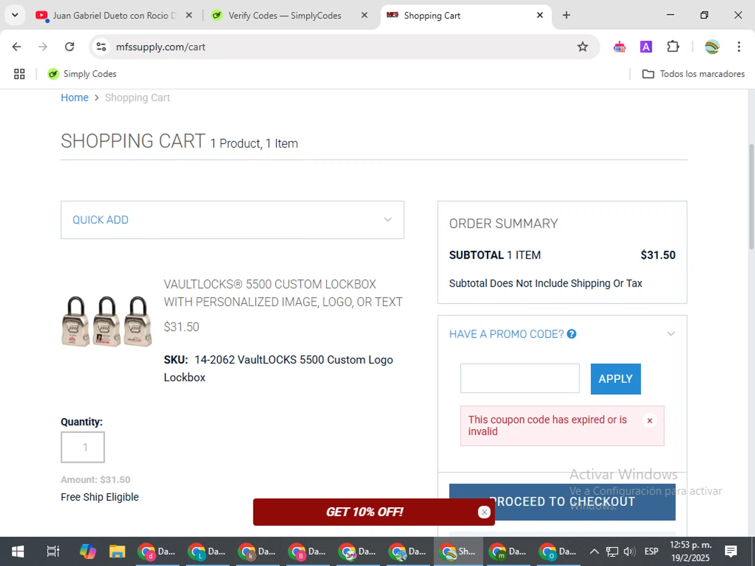 MFS Supply promo code screenshot showing code WINTER10OFF applied at MFS Supply checkout page. Uploaded by SimplyCodes community member CoinMaven5220 on Feb 19, 2025