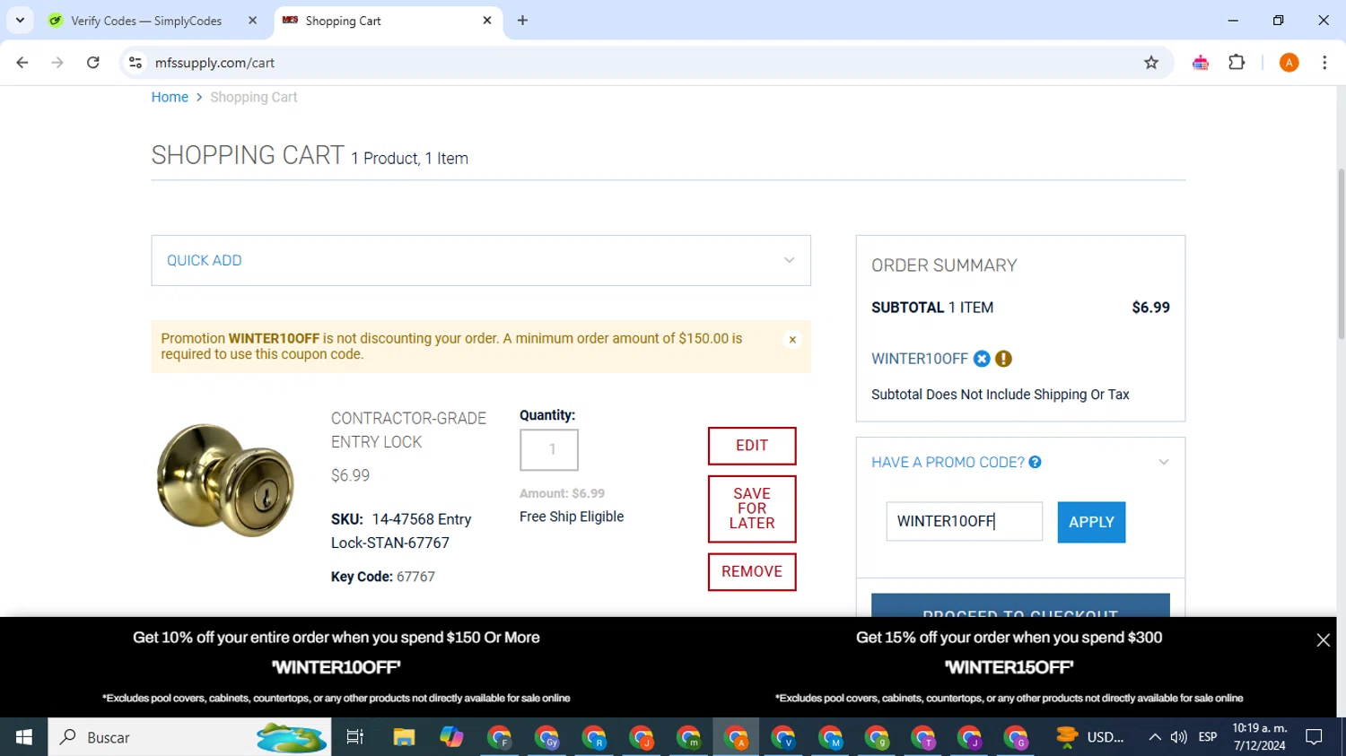 MFS Supply checkout page showing MFS Supply promo code box | Screenshot taken by SimplyCodes community member on Dec 7, 2024