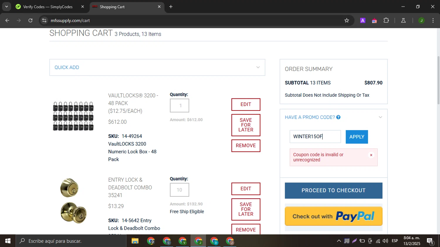 MFS Supply promo code screenshot showing code WINTER15OF applied at MFS Supply checkout page. Uploaded by SimplyCodes community member TokenTitan4464 on Feb 13, 2025