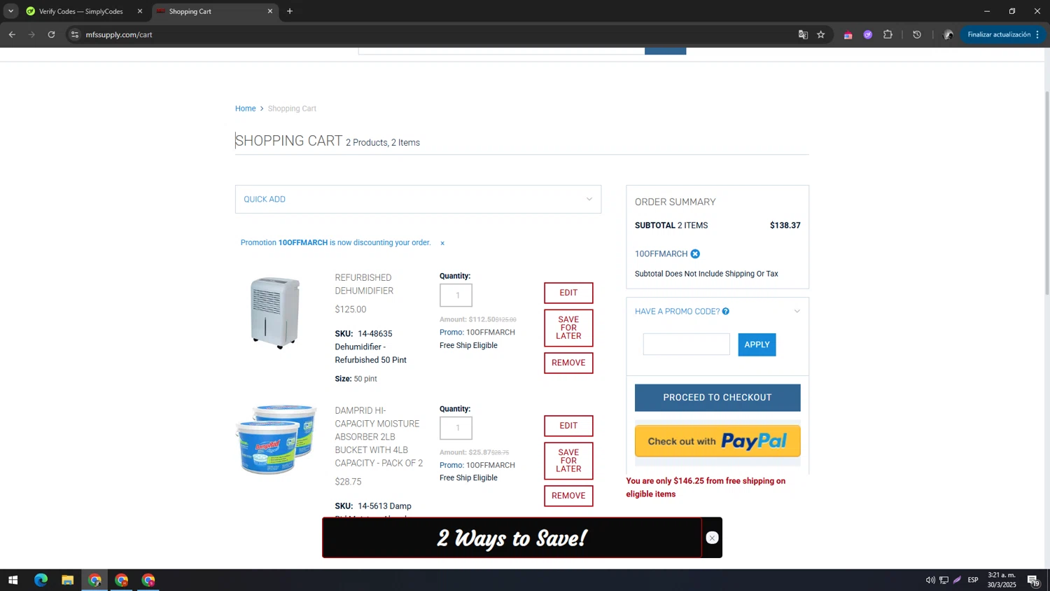 MFS Supply checkout page showing MFS Supply promo code box | Screenshot taken by SimplyCodes community member on Mar 30, 2025