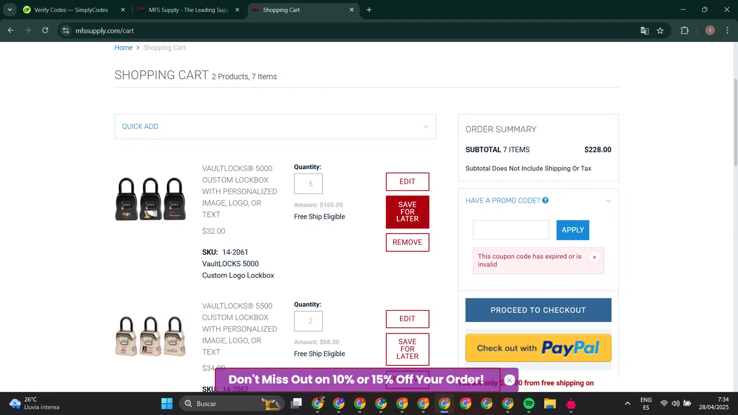 MFS Supply promo code screenshot showing code 10OFFMARCH applied at MFS Supply checkout page. Uploaded by SimplyCodes community member RoyalPhoenix2730 on Apr 28, 2025