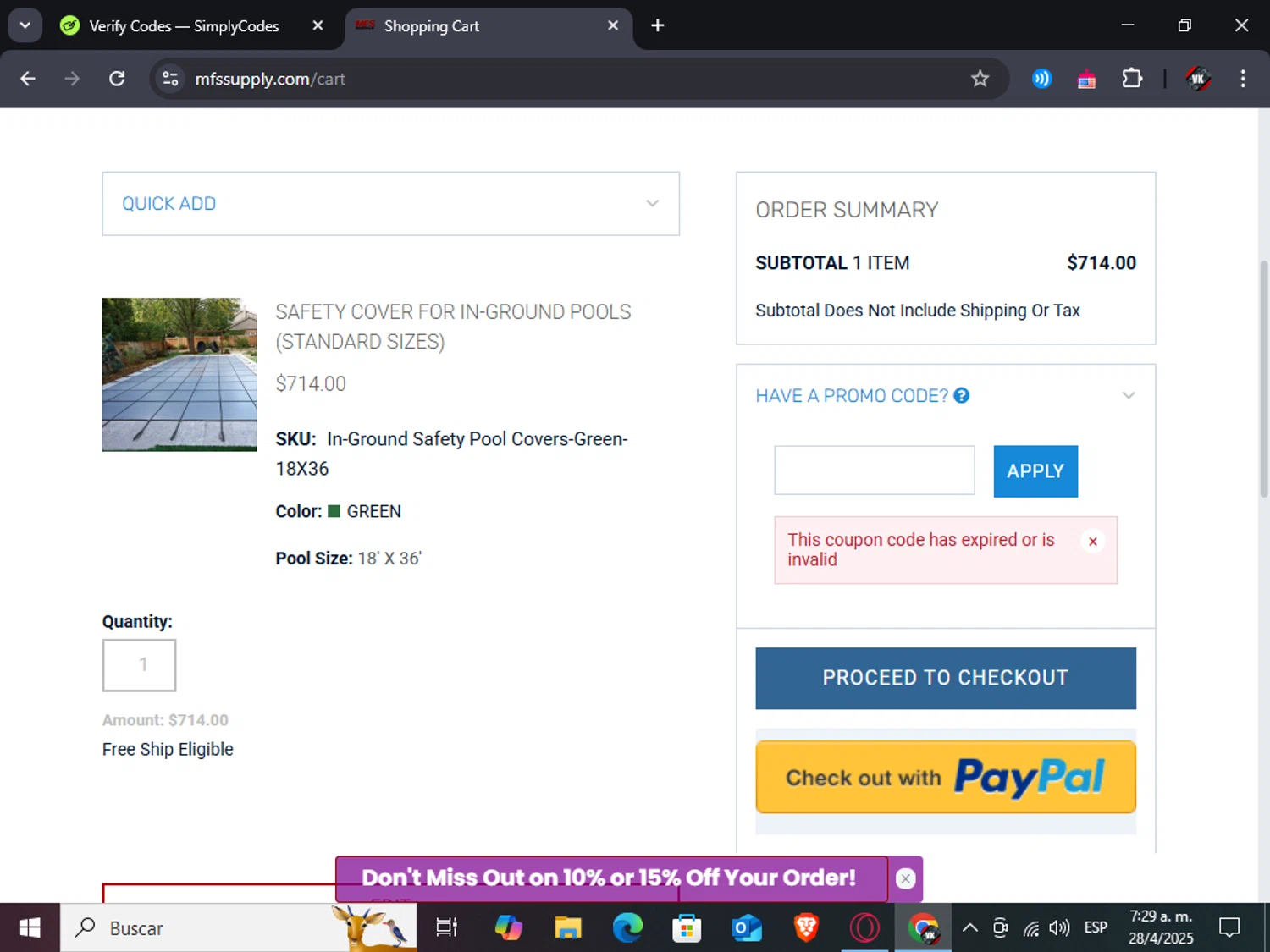 MFS Supply promo code screenshot showing code 10OFFMARCH applied at MFS Supply checkout page. Uploaded by SimplyCodes community member TreasureAdmiral6867 on Apr 28, 2025