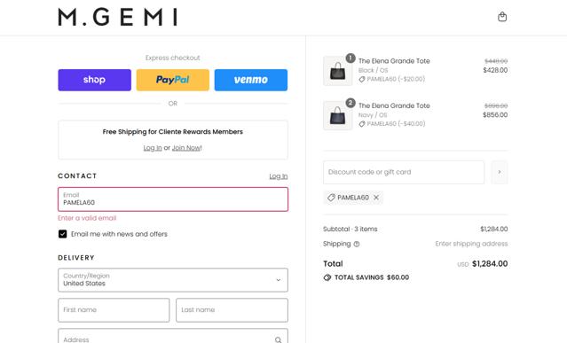 M.Gemi checkout page showing M.Gemi promo code box | Screenshot taken by SimplyCodes community member on Sep 13, 2025