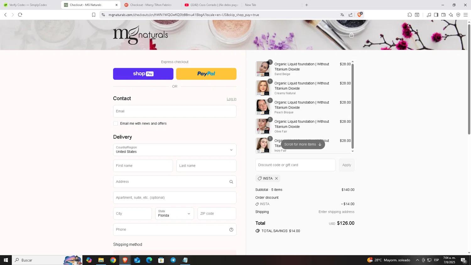 MG Naturals discount code screenshot showing code Insta applied at MG Naturals checkout page. Uploaded by SimplyCodes community member Carloscoder_900457733 on Aug 7, 2025