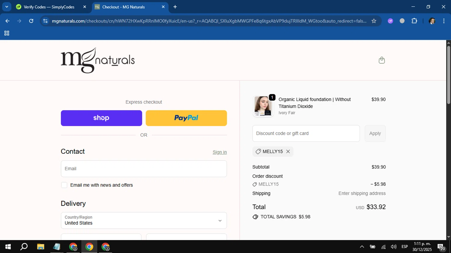 MG Naturals discount code screenshot showing code Melly15 applied at MG Naturals checkout page. Uploaded by SimplyCodes community member Chimuelo on Dec 30, 2025