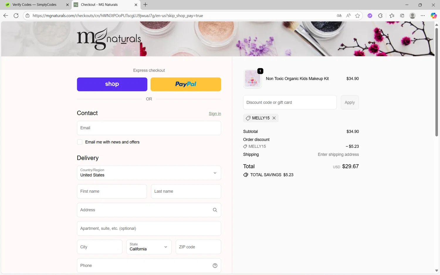MG Naturals discount code screenshot showing code Melly15 applied at MG Naturals checkout page. Uploaded by SimplyCodes community member juanx1702 on Oct 8, 2025