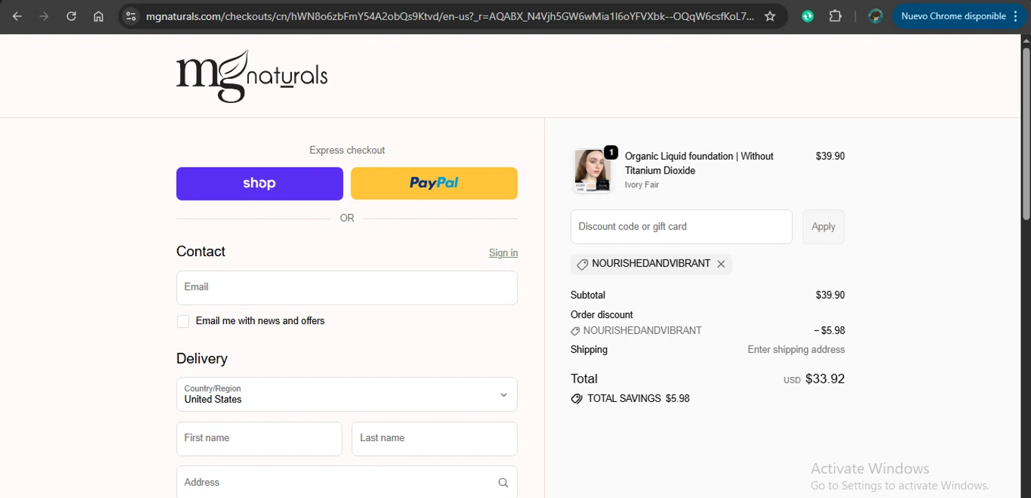 MG Naturals checkout page showing MG Naturals discount code box | Screenshot taken by SimplyCodes community member on Feb 15, 2026